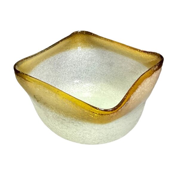 Vtg White and Amber Folded Bowl w/Bubbles Recycled Art Glass Trinket Bowl or Can - Picture 2 of 4